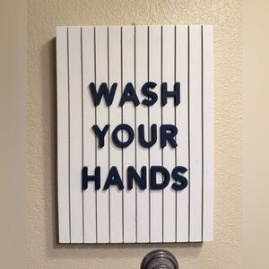 Bathroom Wall Sign Wash Your Hands in White and Navy